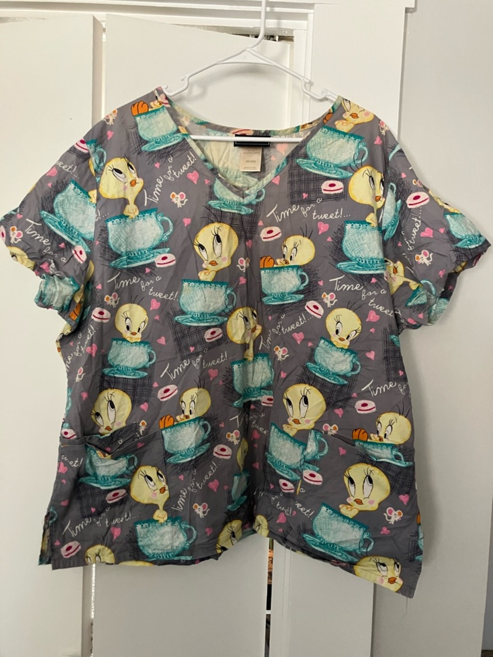 Gray Tweety Graphic V-Neck Scrub Top